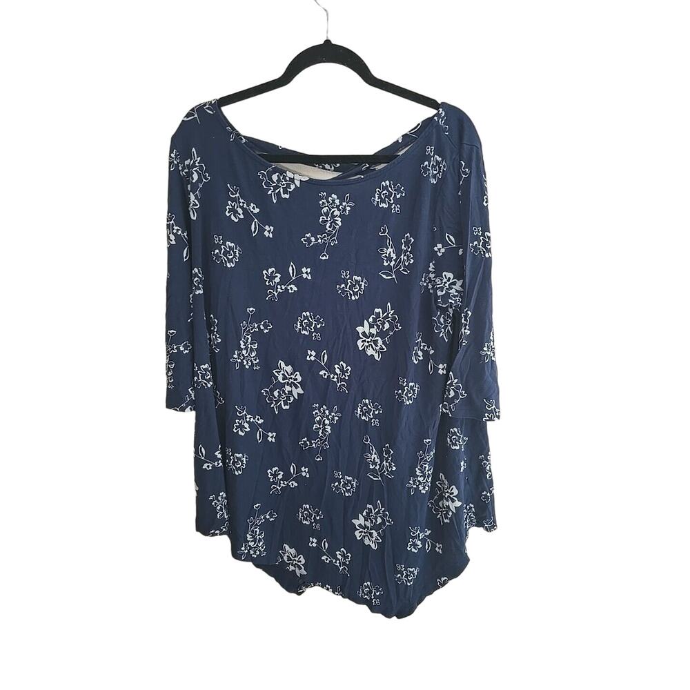 Terra & Sky Navy Blue Floral Print Asymmetric Hem Short Sleeve‎ Top Womans Sz 1X